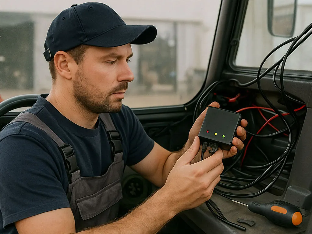 Специалист готовит GPS/ГЛОНАСС-трекер к установке