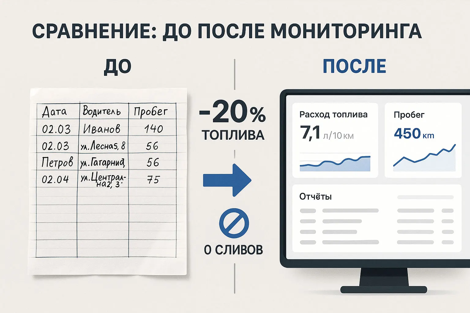 Инфографика: учёт топлива до и после внедрения мониторинга