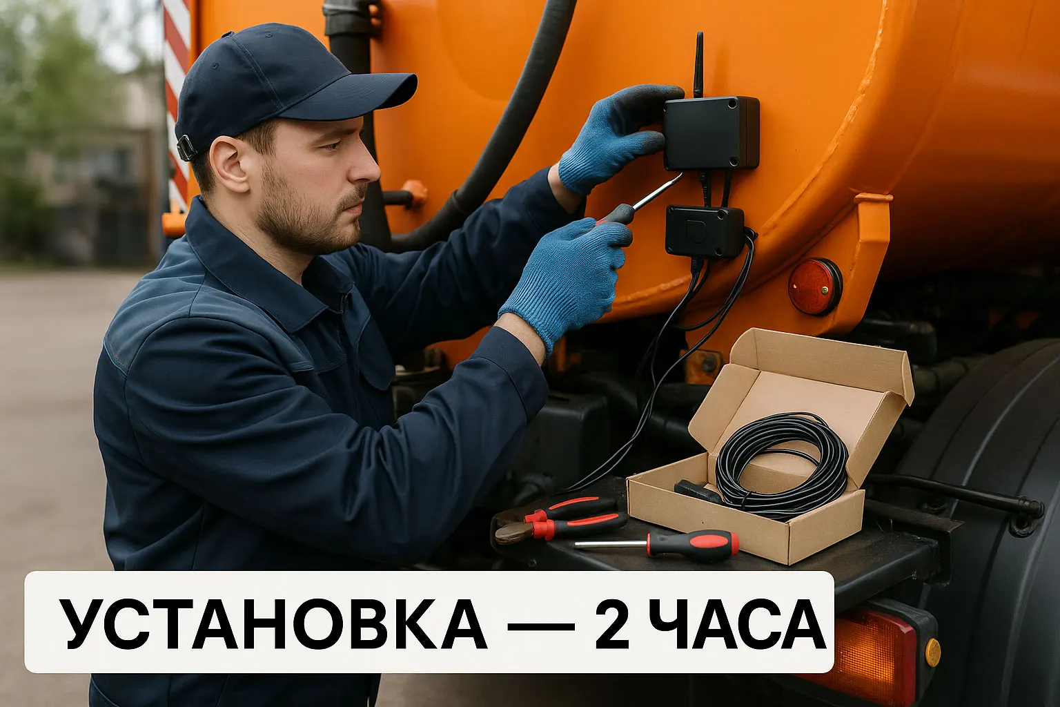 Монтажник устанавливает оборудование мониторинга на коммунальную технику