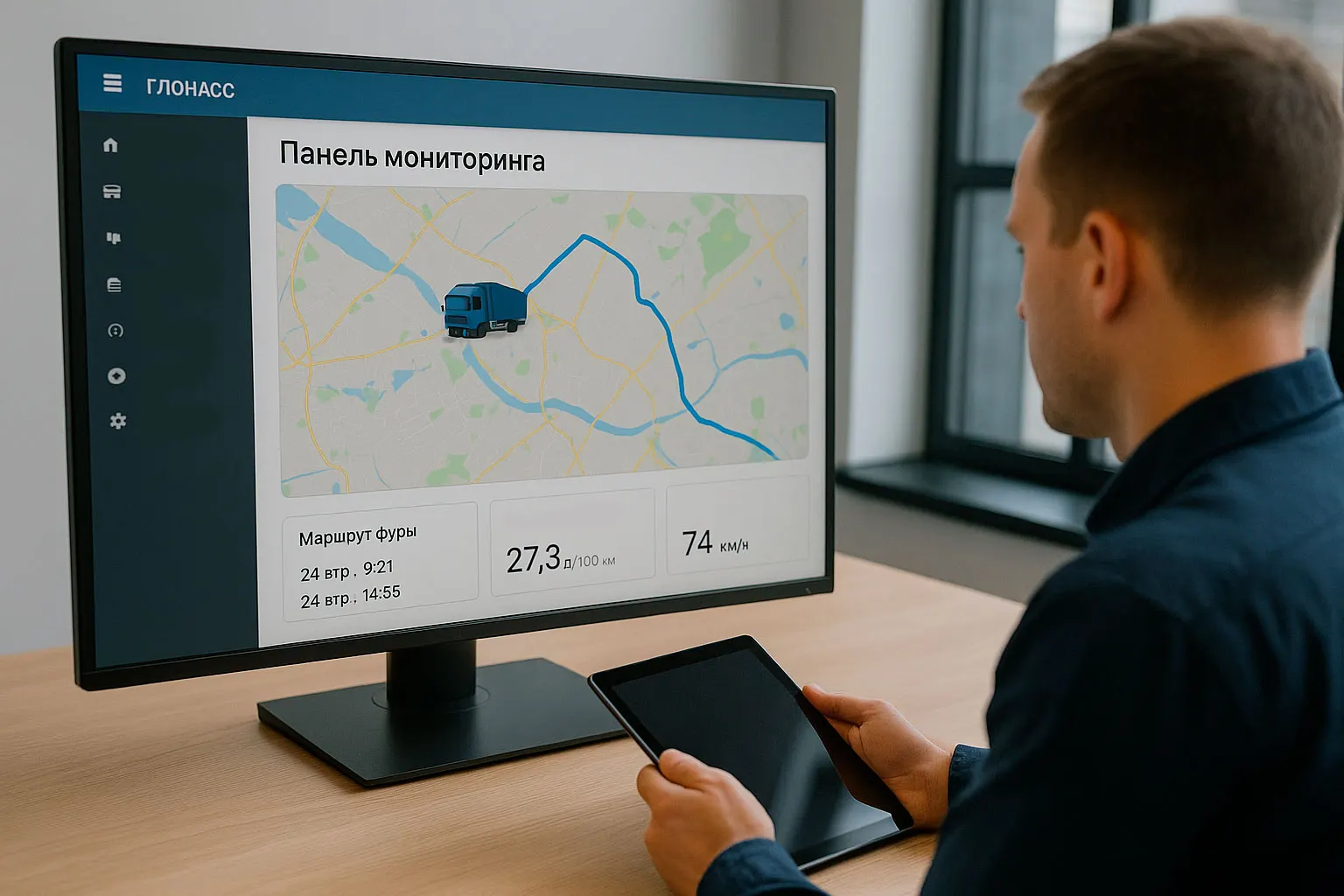 Диспетчер следит за маршрутом грузовика на панели мониторинга