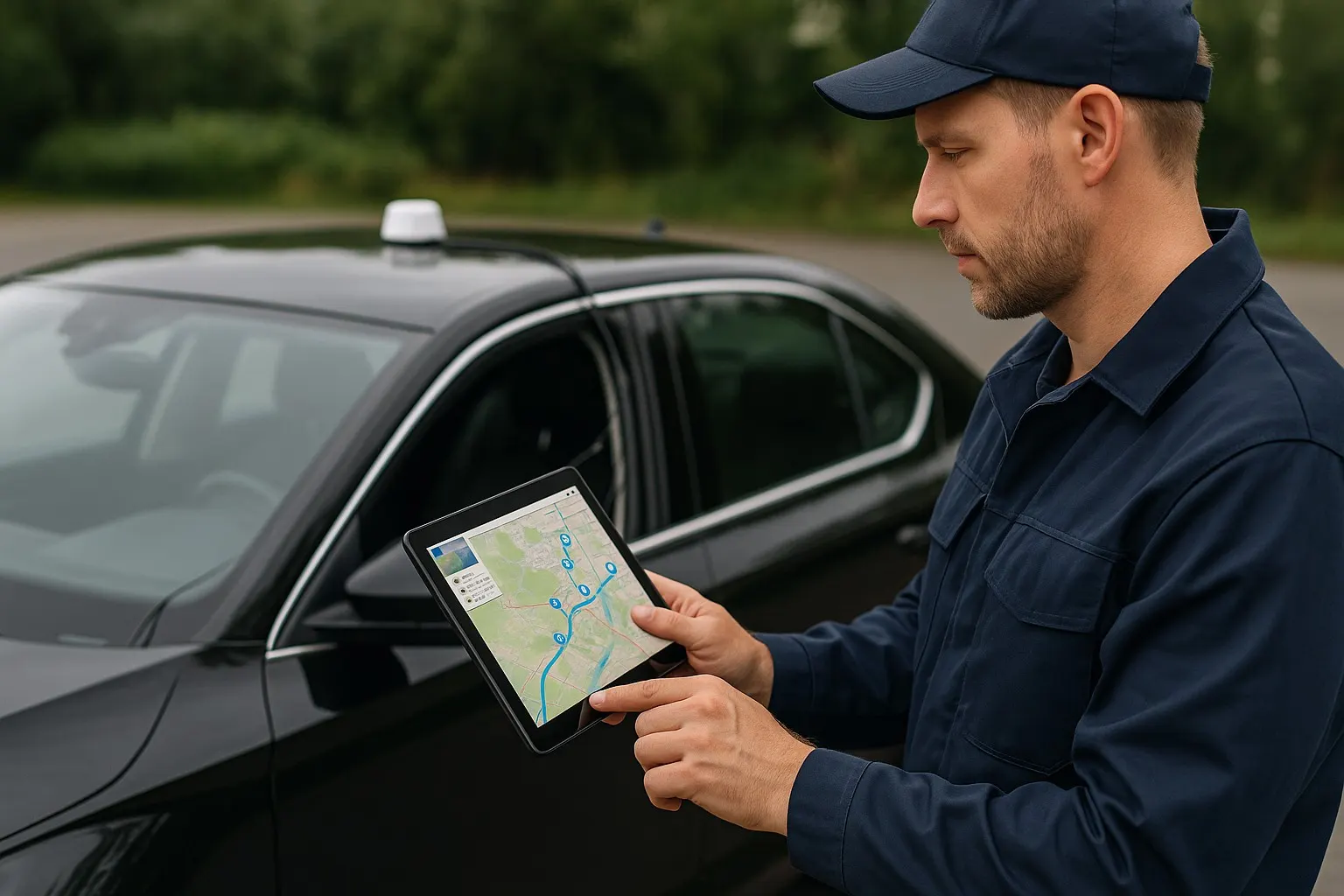Специалист проверяет работу трекера на планшете у легкового автомобиля