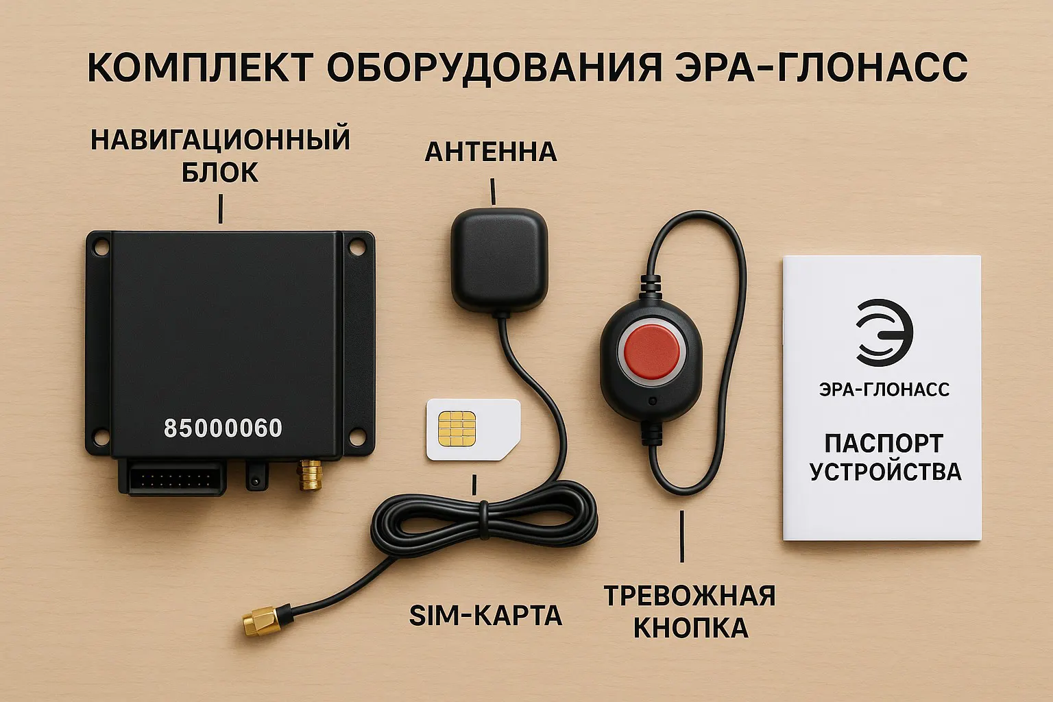 Комплект оборудования ЭРА-ГЛОНАСС: навигационный блок, антенна, SIM-карта, тревожная кнопка, паспорт устройства