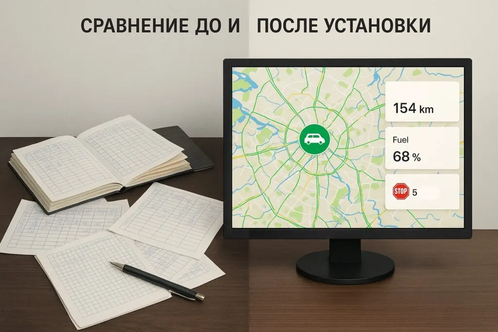 Сравнение до и после установки: бумажные путевые листы и экран мониторинга с пробегом и топливом