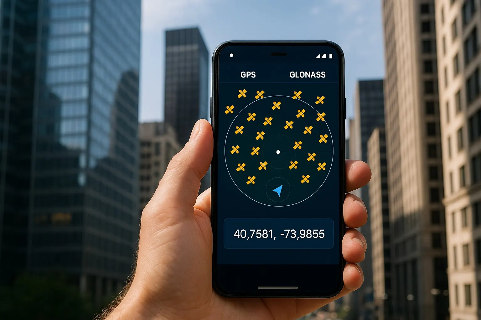 Смартфон среди высотных зданий показывает найденные спутники GPS и ГЛОНАСС и координаты