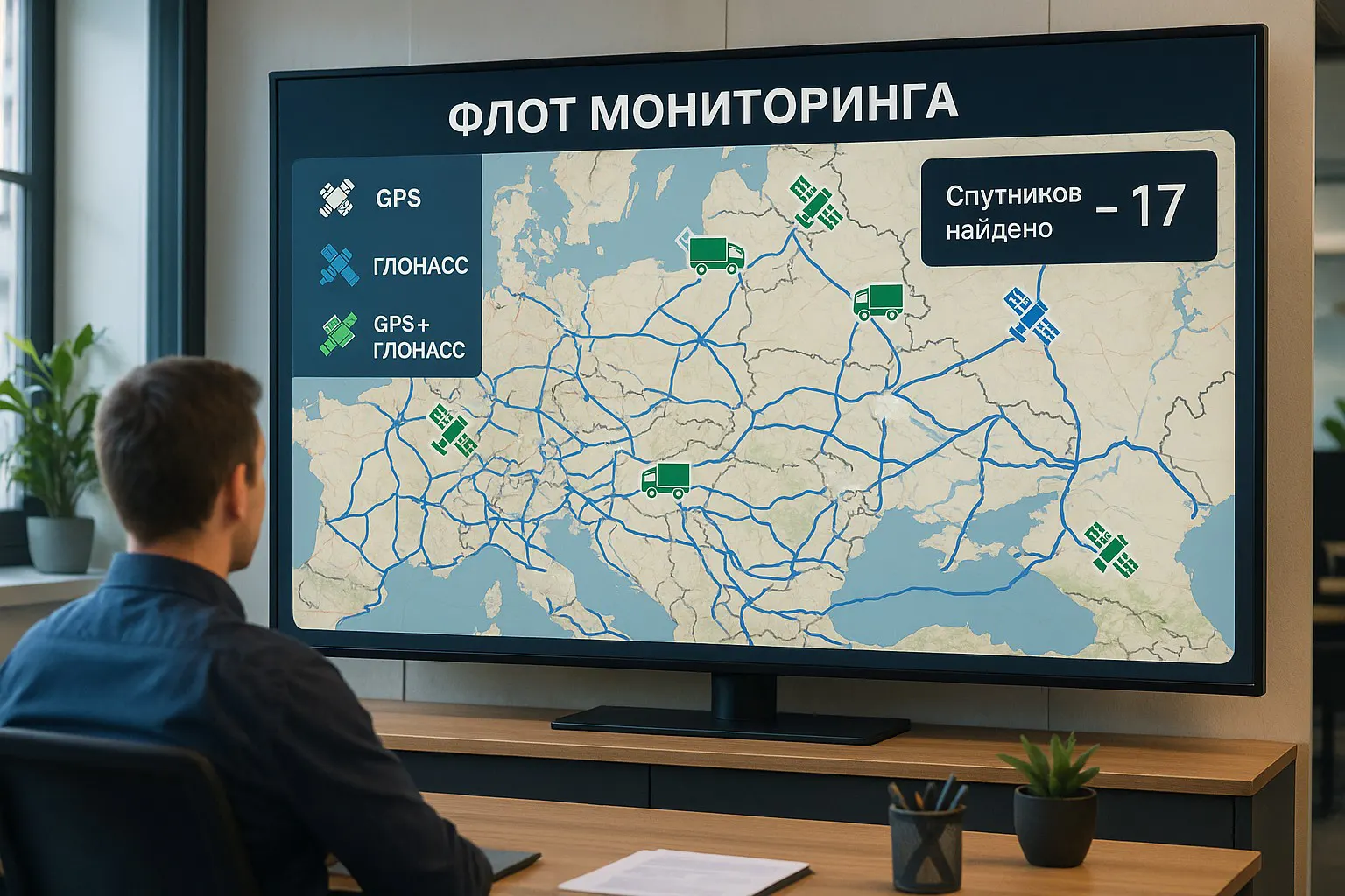 Диспетчер следит за автопарком на карте с отметками GPS и ГЛОНАСС
