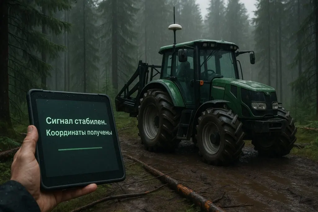Трактор в лесу и планшет с сообщением о стабильном сигнале