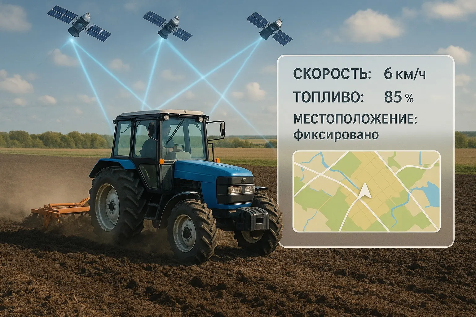 Трактор в поле и данные мониторинга: скорость, топливо, местоположение