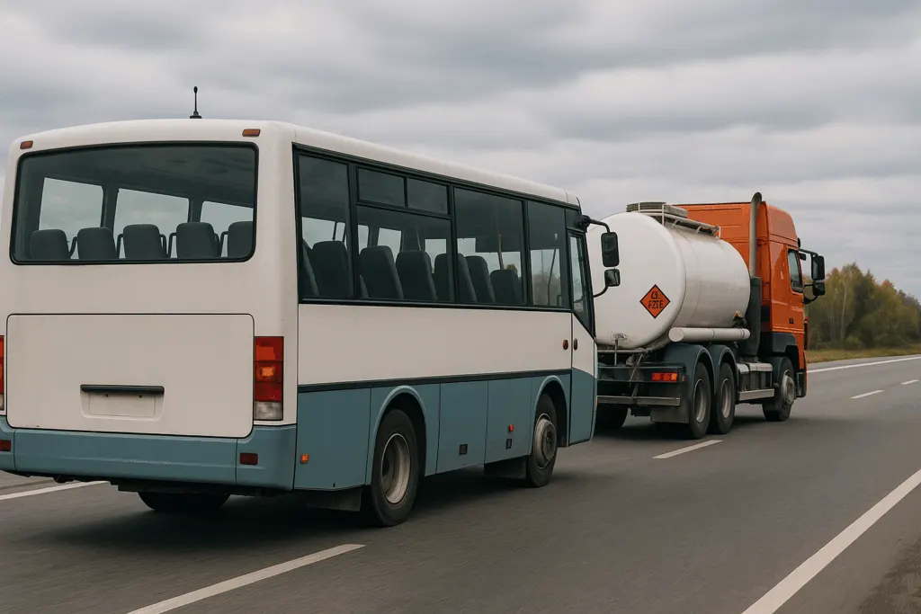 Автобус и бензовоз на трассе