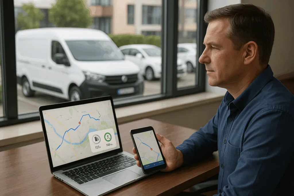 Руководитель автопарка следит за маршрутом автомобиля на ноутбуке и смартфоне