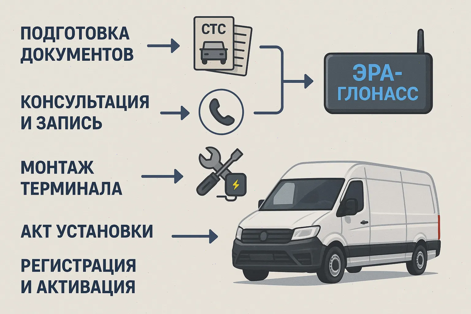 Схема подключения к ЭРА-ГЛОНАСС: подготовка документов, консультация и запись, монтаж терминала, акт установки, регистрация и активация