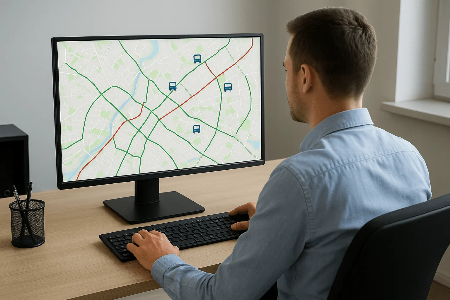 Руководитель автопарка работает с картой маршрутов на компьютере