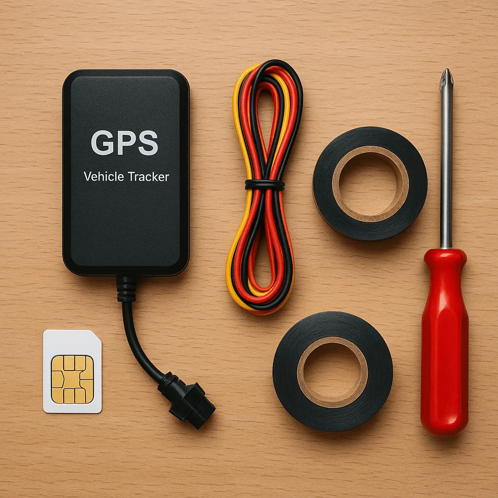 Комплект для самостоятельной установки: GPS-трекер, SIM-карта, провода, изолента, отвёртка