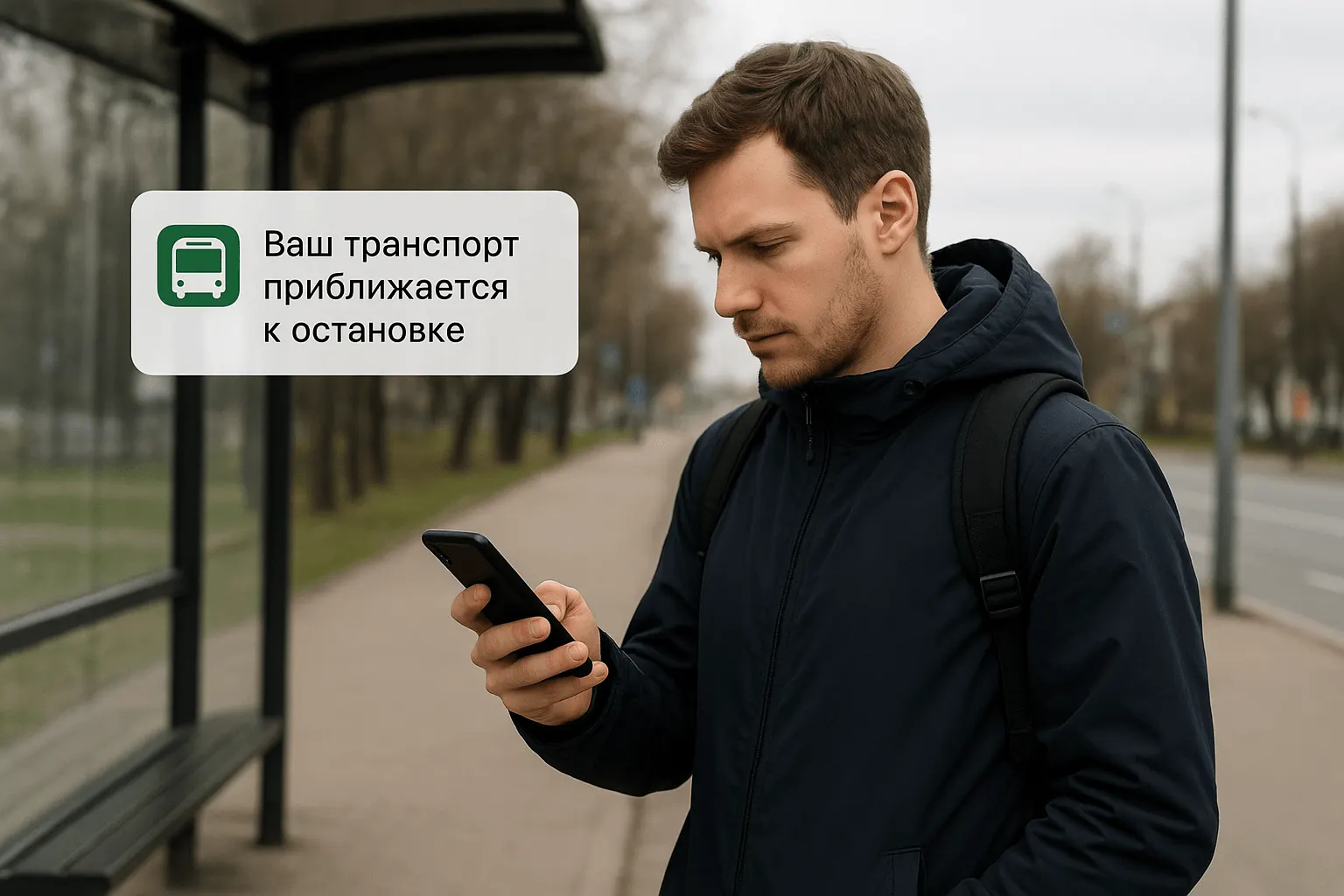 Пассажир получает уведомление «Ваш транспорт приближается к остановке»