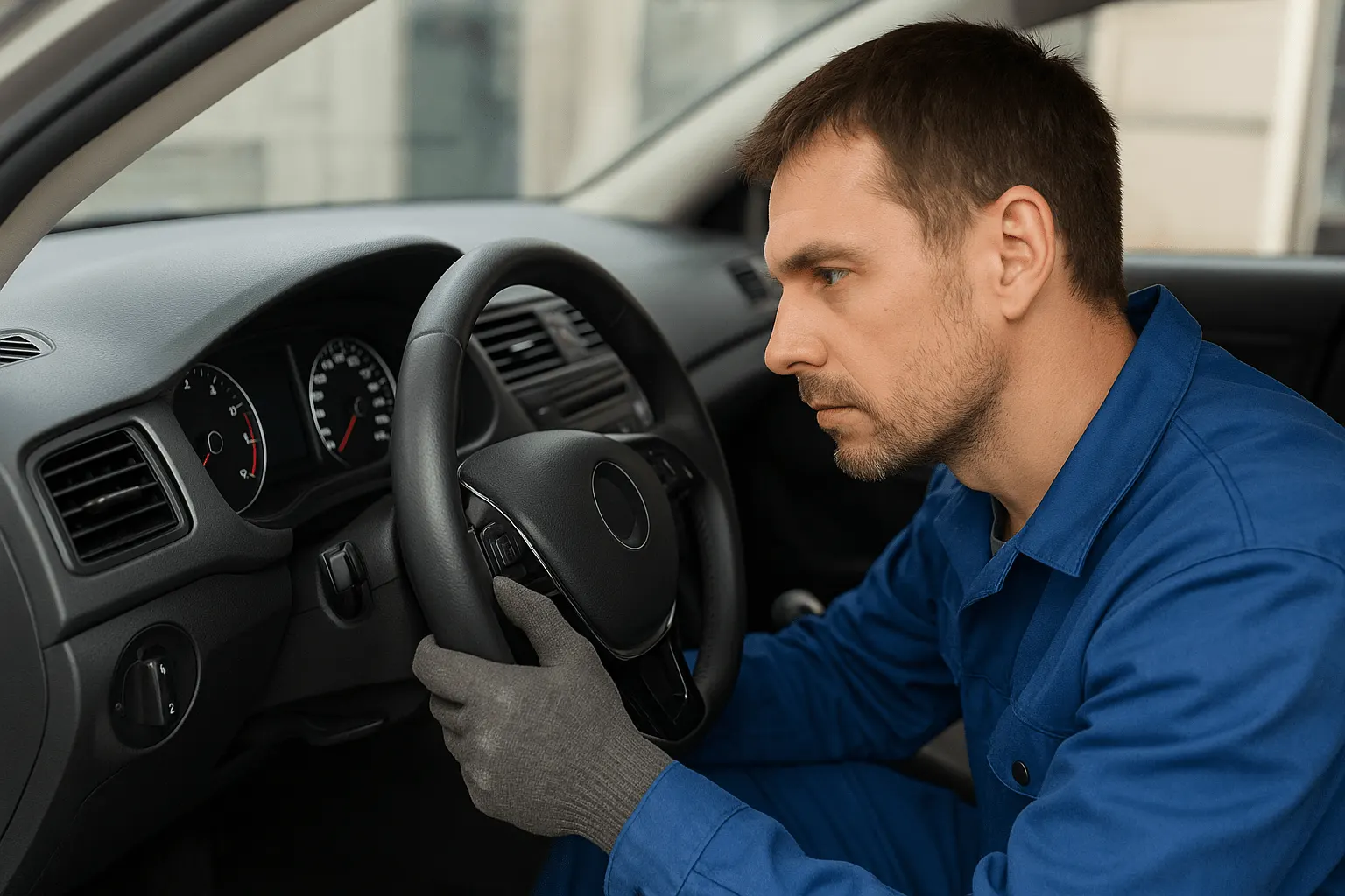 Мастер осматривает приборную панель автомобиля