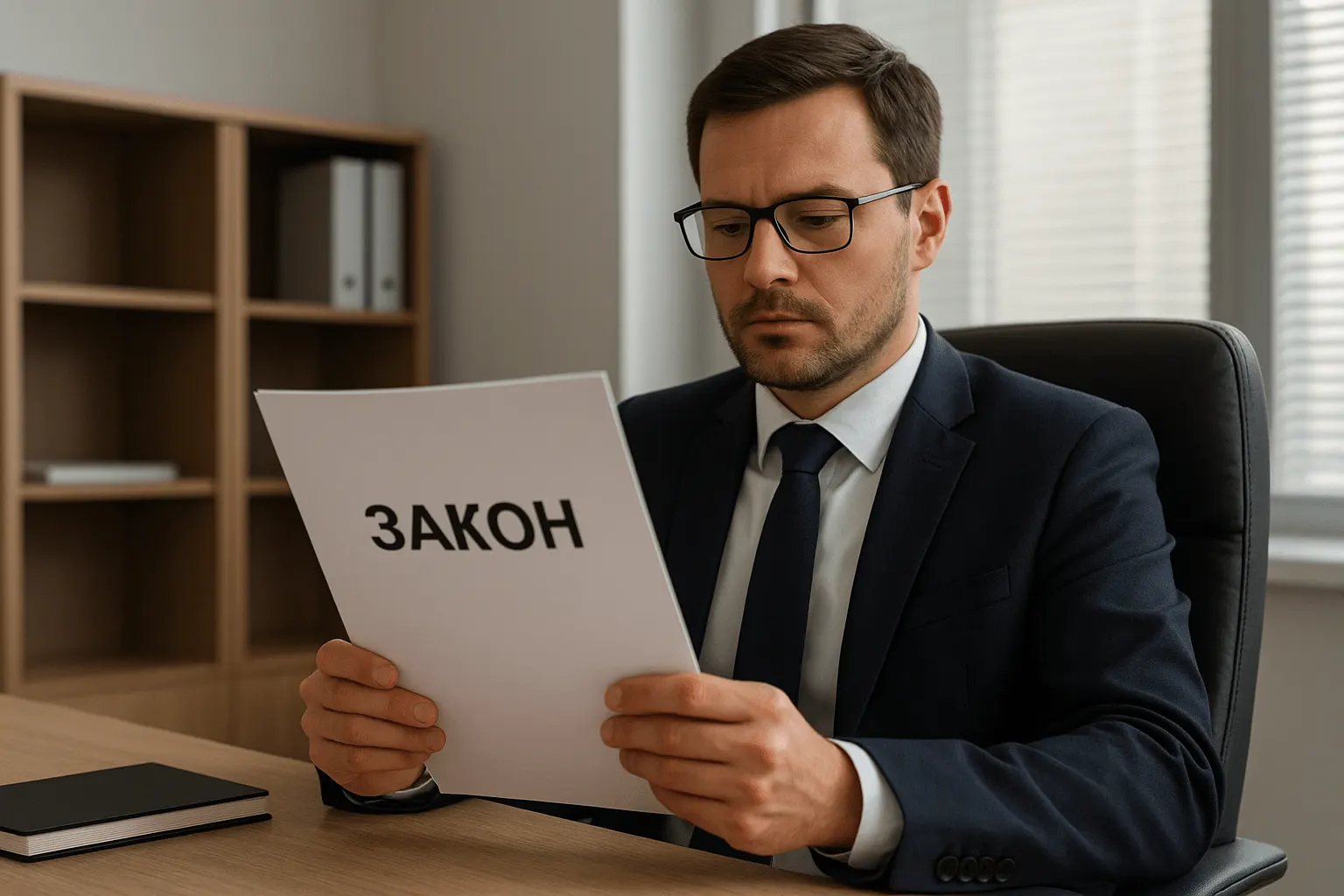 Мужчина в кабинете читает документ «Закон»