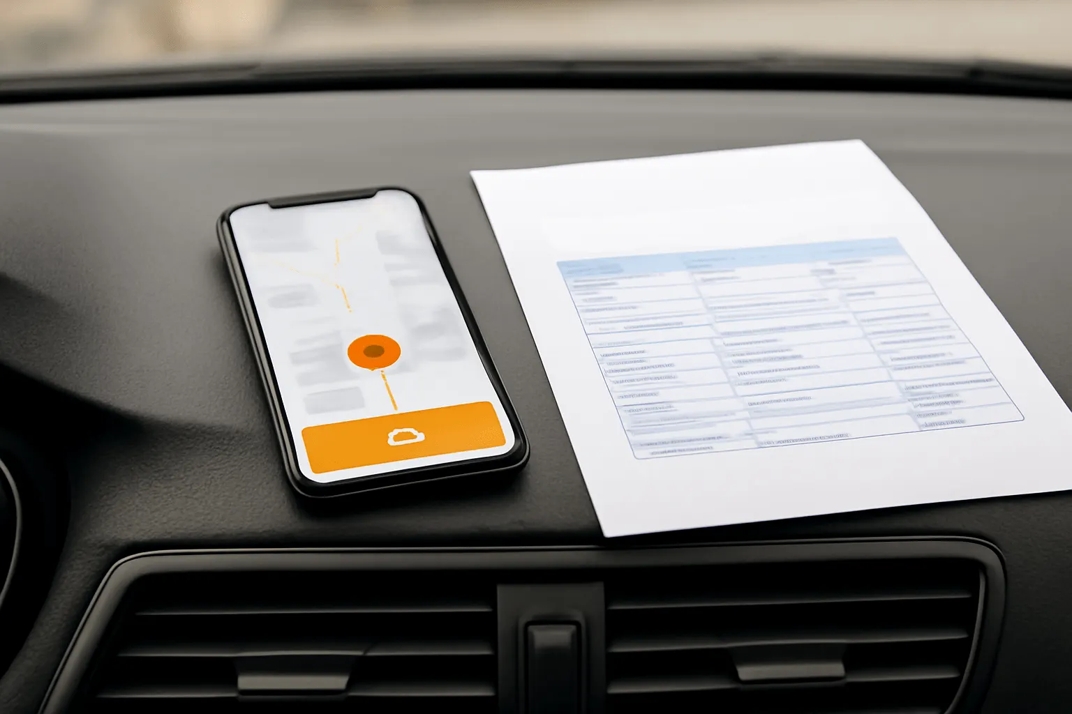 Смартфон с приложением на панели автомобиля и распечатанная выписка