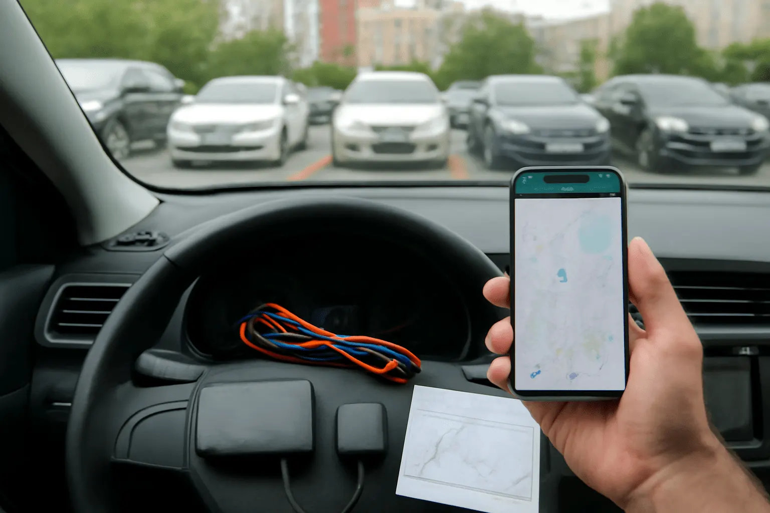 Проводка трекера и смартфон с картой в салоне автомобиля