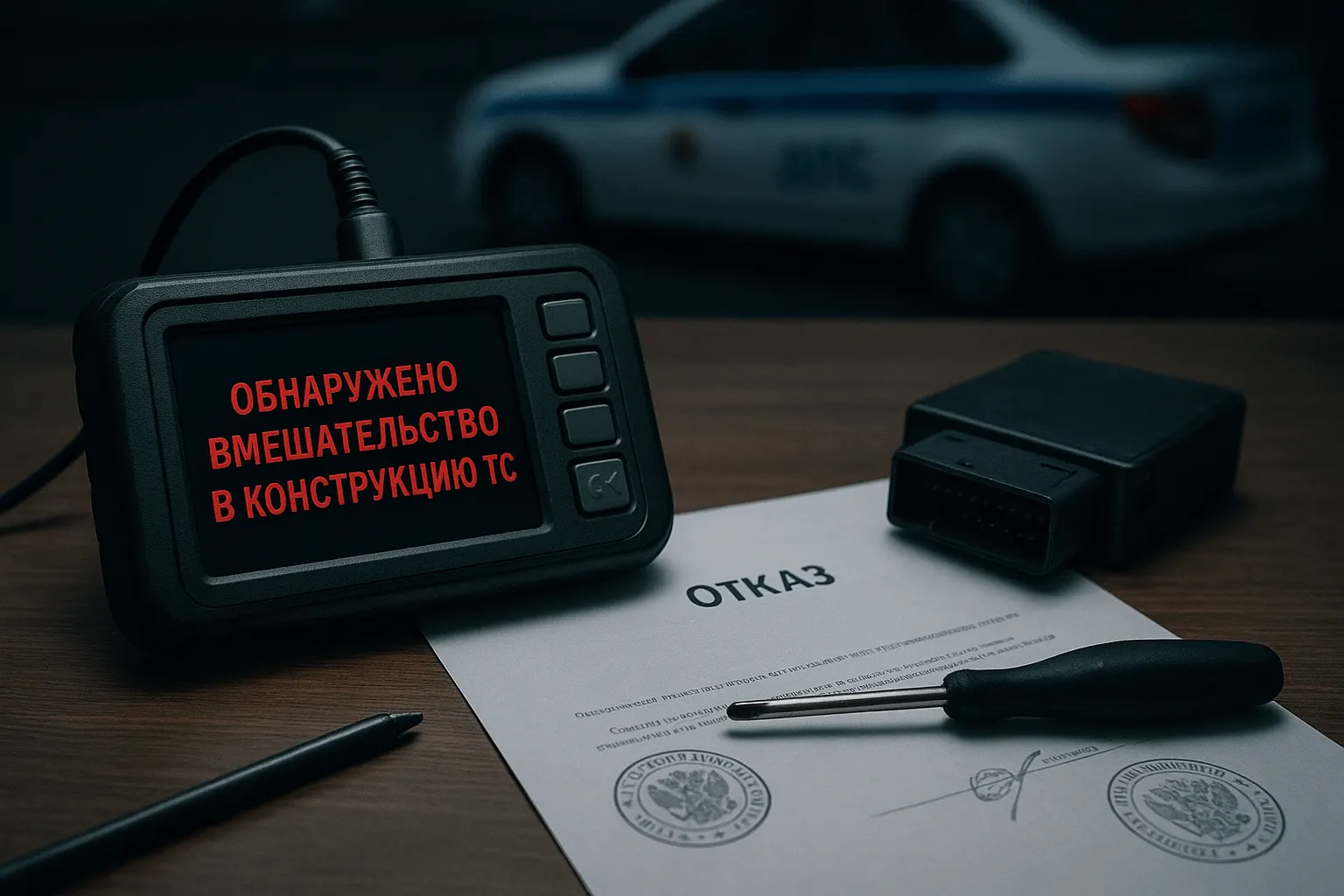 Диагностический сканер с надписью «Обнаружено вмешательство в конструкцию ТС» и документ об отказе