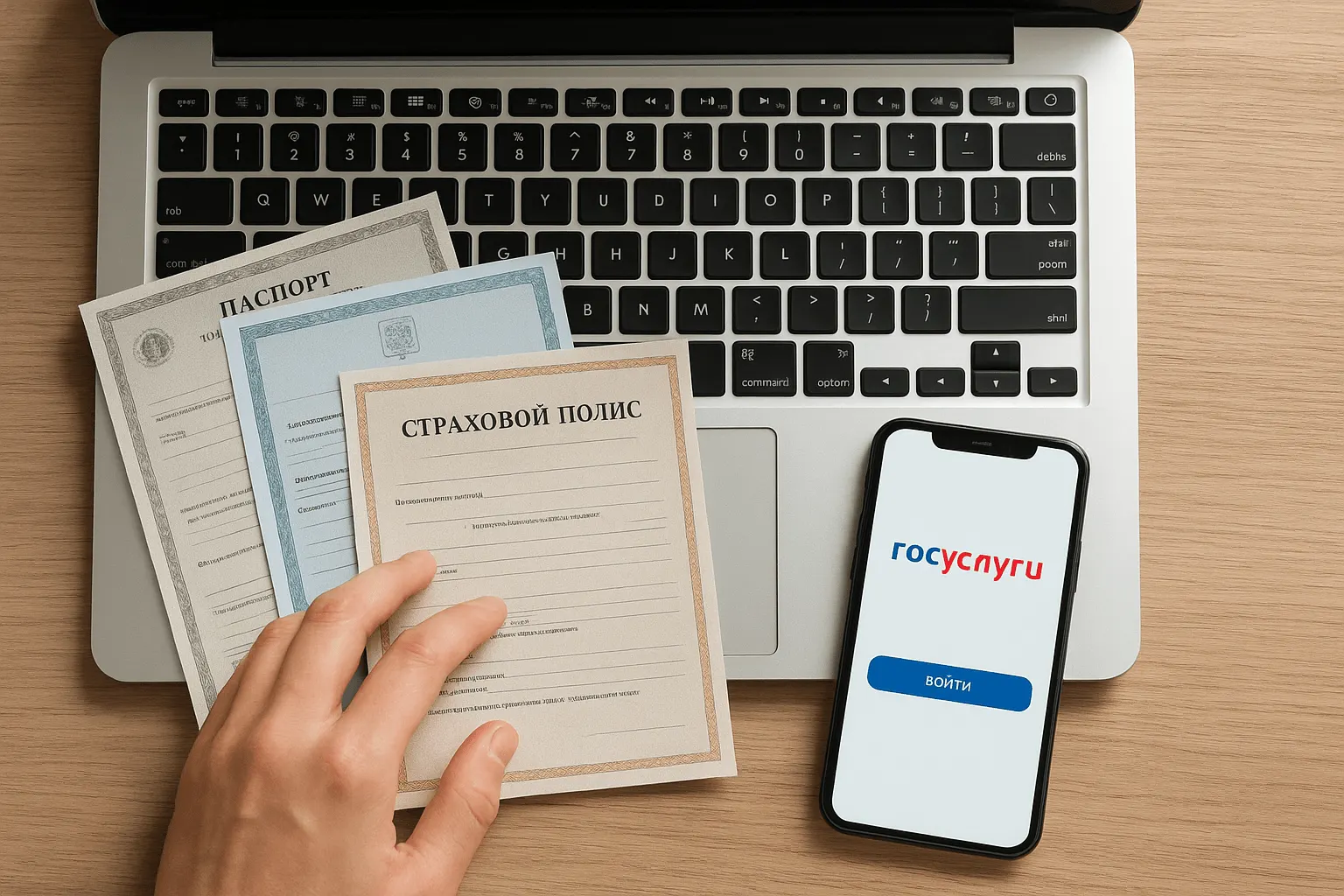 ПТС, страховой полис и смартфон с порталом Госуслуг