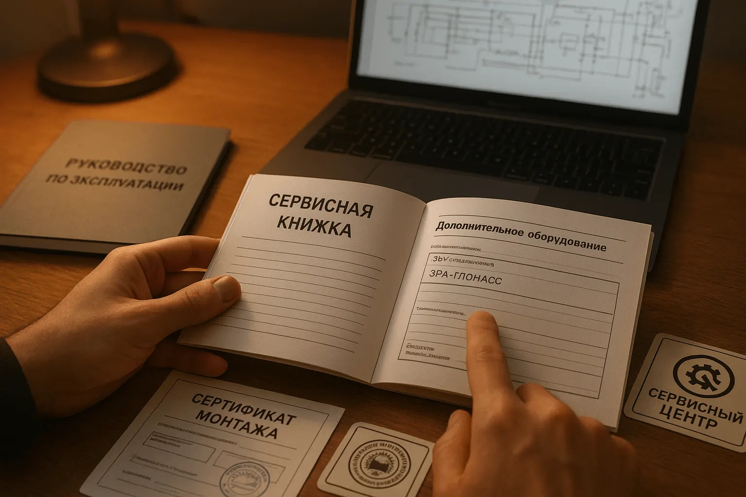 Сервисная книжка с записью о дополнительном оборудовании и сертификат монтажа