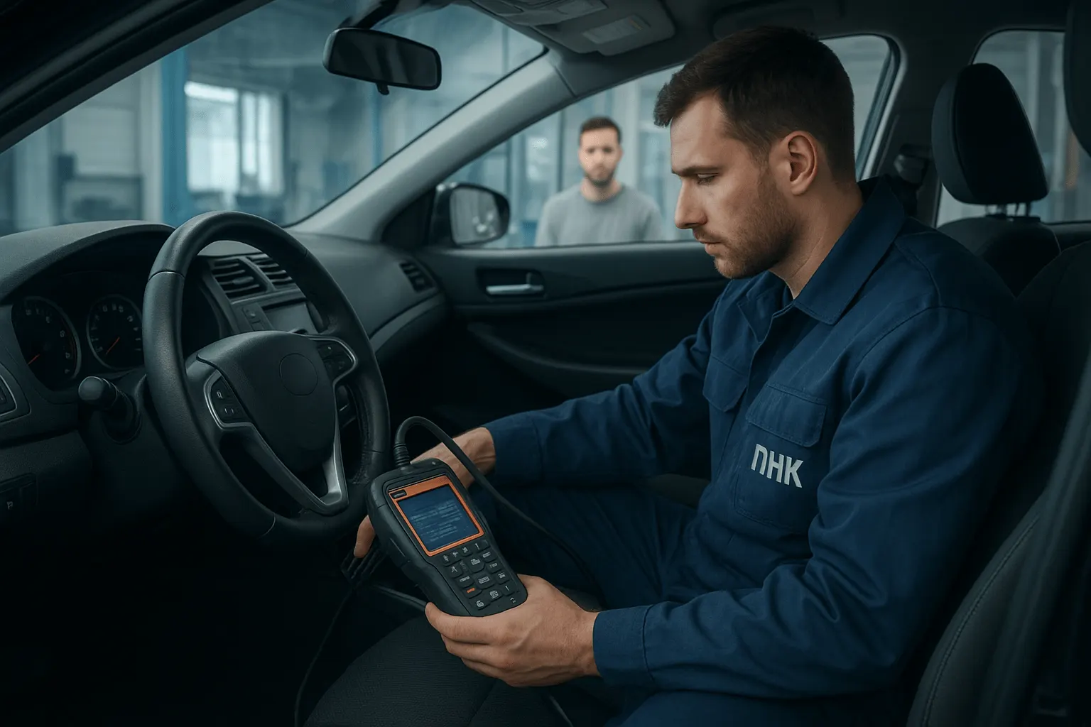 Специалист ПНК выполняет диагностику автомобиля