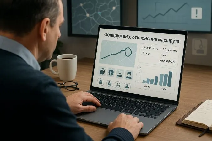 Руководитель видит в системе уведомление об отклонении от маршрута