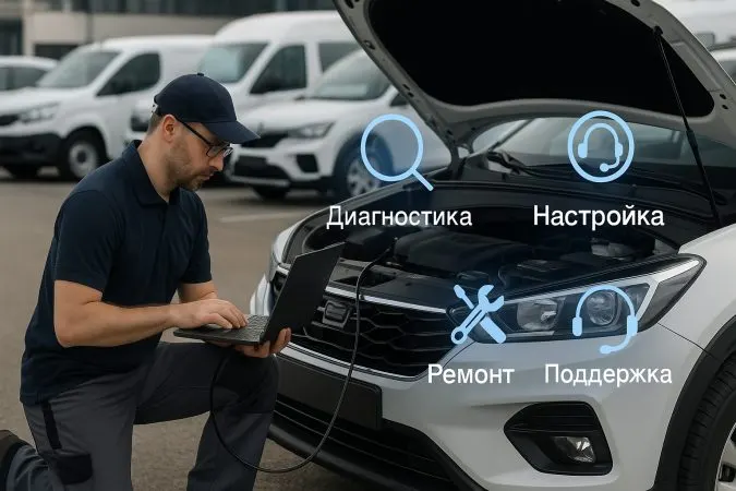 Специалист проводит диагностику оборудования ГЛОНАСС на автомобиле
