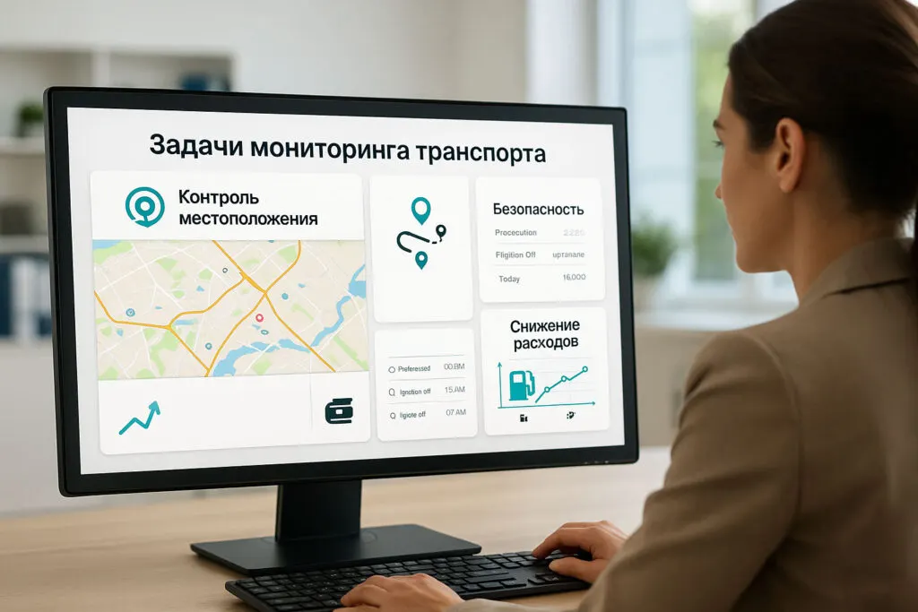 Экран с задачами мониторинга транспорта: контроль местоположения, безопасность, снижение расходов